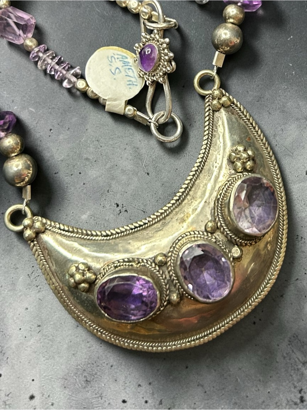 18” Amethyst & Sterling Silver Crescent Necklace. Gemstone Professionally Cut.